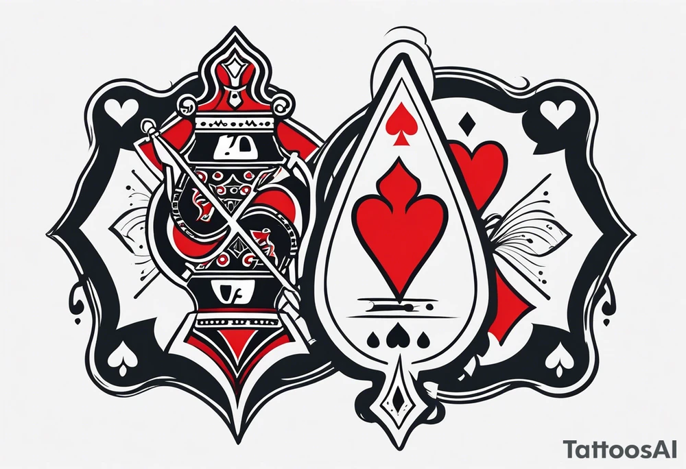 one combined tatto in minimalistic style with icon style three king of spades and icon style one queen of hearts. extreme minimalstic and few lines tattoo idea