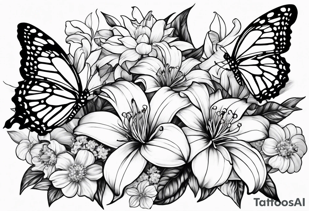 Butterflies with lilys, asters and morning glories tattoo idea