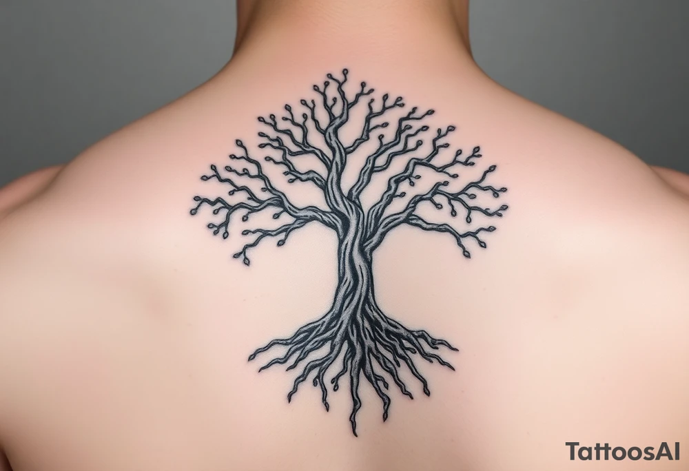 mystical tree of life with cosmic roots and celestial branches tattoo idea
