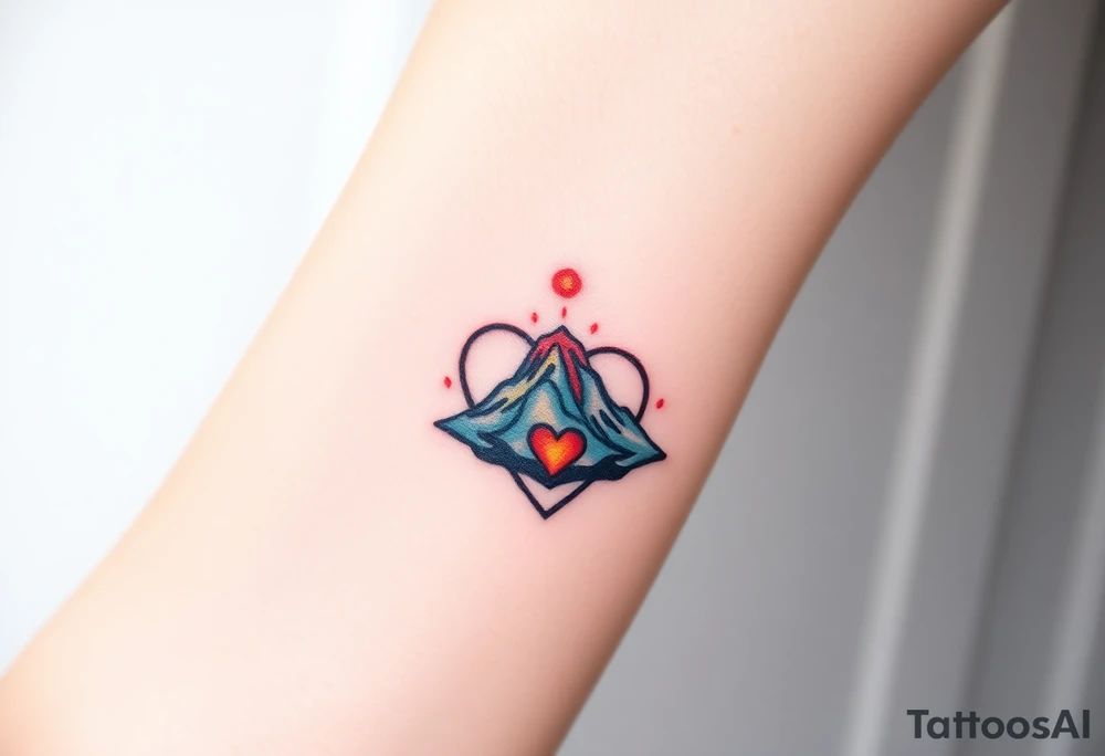 Geometric Volcano surrounded by a heart tattoo idea
