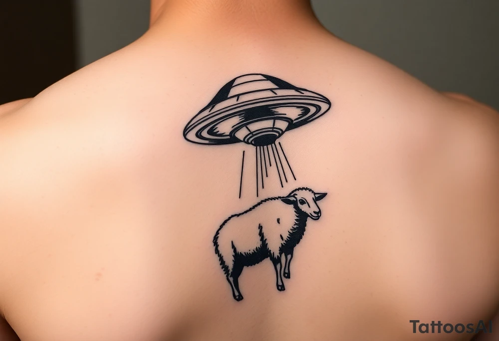 UFO abducting a black sheep. No color. Black and gray scale on back of arm above elbow tattoo idea