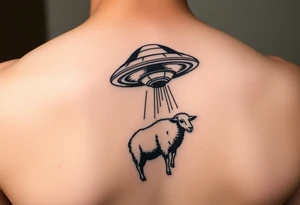 UFO abducting a black sheep. No color. Black and gray scale on back of arm above elbow tattoo idea