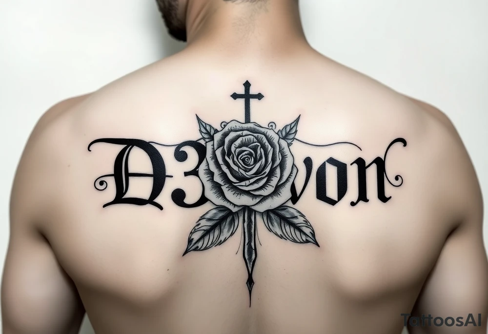 Name D3von with a rose and cross in the middle on a arm tattoo idea