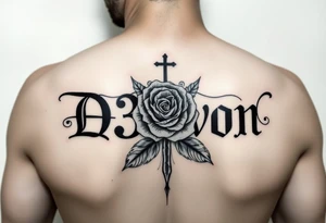 Name D3von with a rose and cross in the middle on a arm tattoo idea