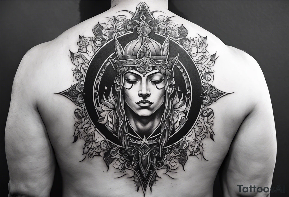 An aesthetic but unpretentious tattoo that is placed on the upper back of a male. It should represent religion, discipline, pain and the love to animals. tattoo idea