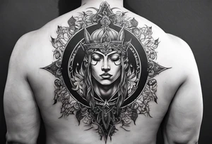 An aesthetic but unpretentious tattoo that is placed on the upper back of a male. It should represent religion, discipline, pain and the love to animals. tattoo idea