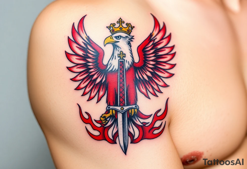 A majestic red and white Moravian eagle with golden crown on its head holding a sword in its talons, surrounded by flames tattoo idea