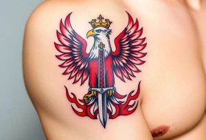 A majestic red and white Moravian eagle with golden crown on its head holding a sword in its talons, surrounded by flames tattoo idea