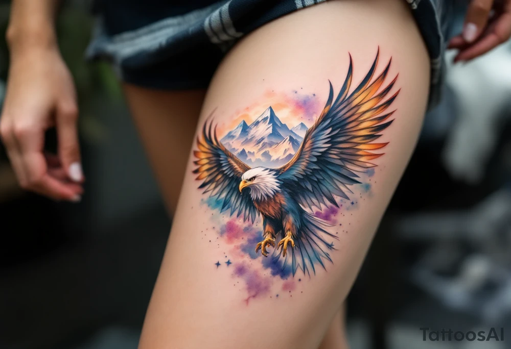 majestic eagle spreading wings against mountain peaks tattoo idea