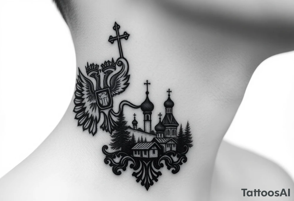 Traditional authentic Russian coat of arms with a Christian orthodox virgin marry in the middle and silhouette in a Russian wilderness Christian orthodoxy dome church village setting on the side of my neck tattoo idea