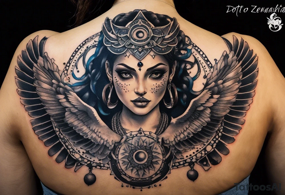 black kali, goddess pirate, alien, angel, pachamama, valkrye, warrior, flying, skull, lotus azul, wing, eagle, zenza resonance, stars, 5D, anahata chakra, death, durga, riding on a tiger, flying lady, chest tatoo tattoo idea