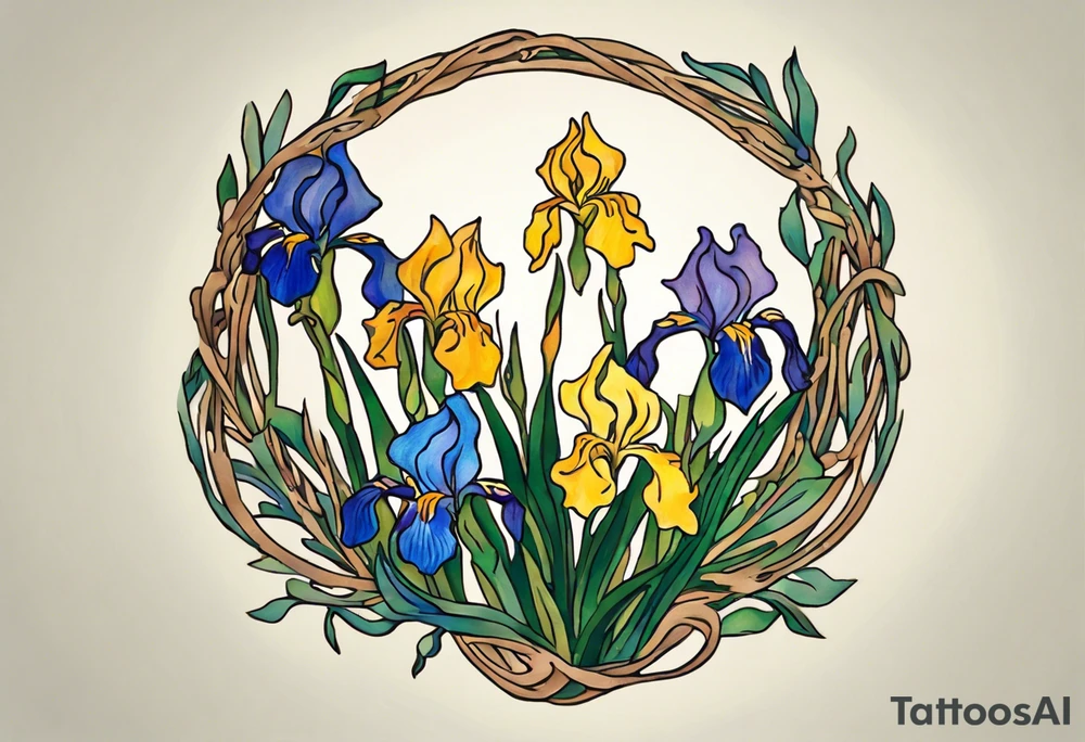 Create a small colorful Vincent van Gogh Irises tattoo in the form of a crescent, with vines gracefully intertwining at a central point in the middle of the wreath. Ensure that the design avoids the appearance of a bush and maintains a more structured and deliberate arrangement. The intended placement is on the upper chest. The overall design should be small in size while maintaining a delicate and artistic aesthetic. Pay attention to the graceful flow of the vines and the placement of the irises to achieve a refined and elegant look. tattoo idea