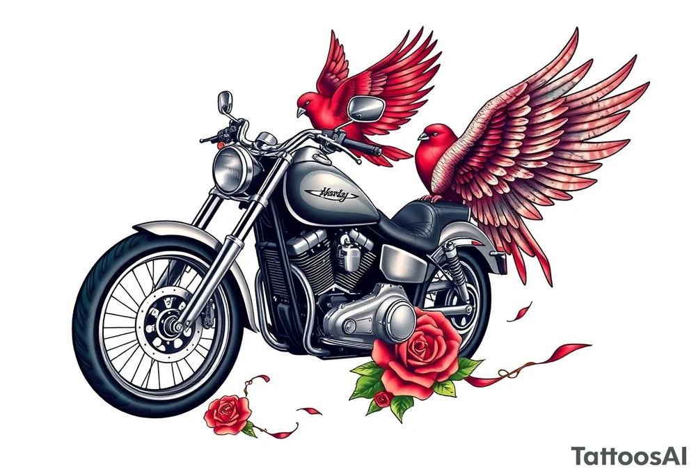 Harley grey motorcycle driving away, two red birds flying, roses, flames, angel wings tattoo idea