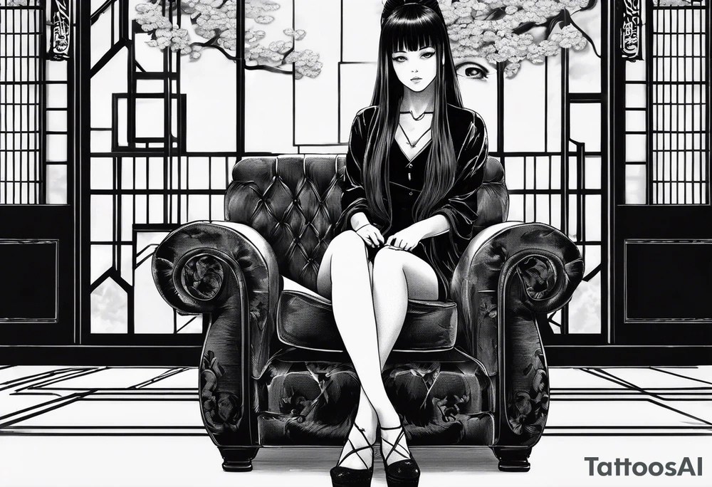 Portrait of tomie sitting on a chair. Tomie is a character of the autor junji ito
 Add some blood tattoo idea