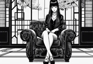 Portrait of tomie sitting on a chair. Tomie is a character of the autor junji ito
 Add some blood tattoo idea