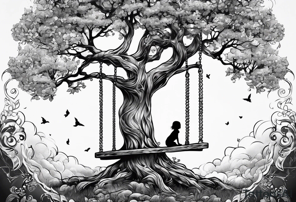 little girl swinging under a tree of life tattoo idea