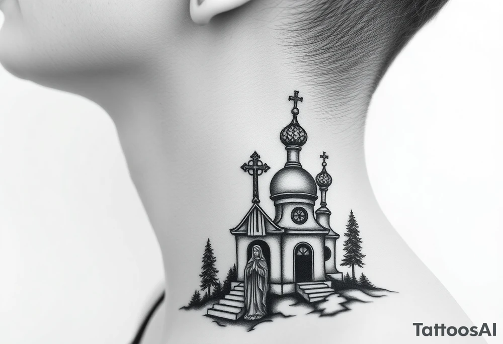 russian design traditional christian orthodox cross with a virgin mary stood beside the entrance of a russian orthodox dome church on the side of the neck in a wilderness setting with the design spread out the side of the neck tattoo idea