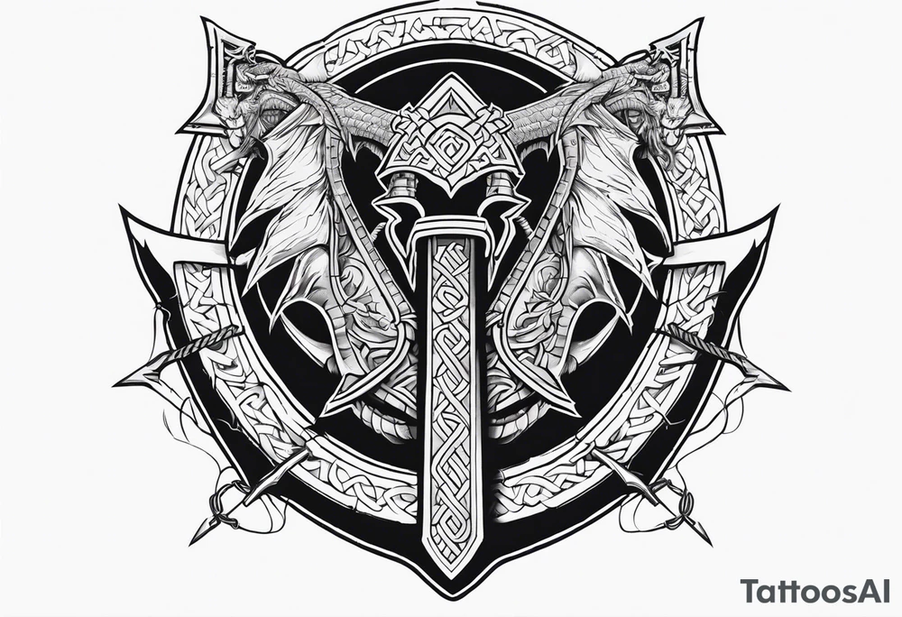 Valhalla sword shield dragon axe Valknut barbed wire chains tattoo idea