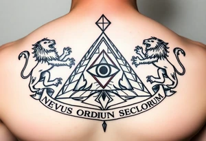 Pyramid with eye in the center, diamond on the top,lions on corners,surrounded by words - novus ordum seclorum tattoo idea