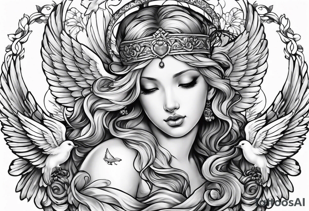 Praying angel with doves full sleeve tattoo idea Praying angel with doves full sleeve tattoo idea