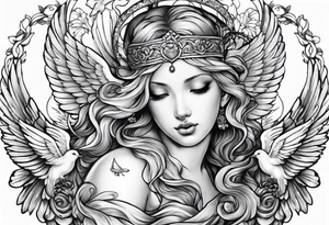 Praying angel with doves full sleeve tattoo idea