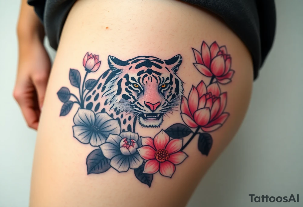 fierce tiger emerging through blooming lotus flowers in mist tattoo idea