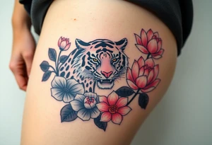 fierce tiger emerging through blooming lotus flowers in mist tattoo idea