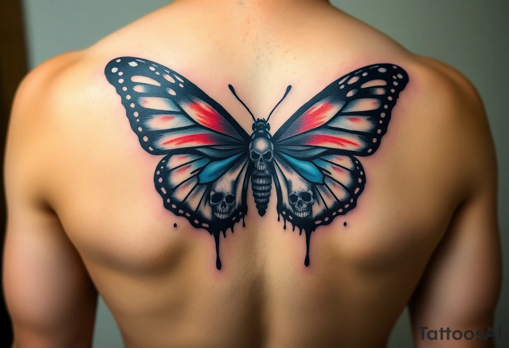 powerful majestic and dark monarch butterfly with skull detail in the wings
hidden skulls in wings, skull detail making the body of the butterfly with a horror style dripping effect, including blue, red and white colouring tattoo idea