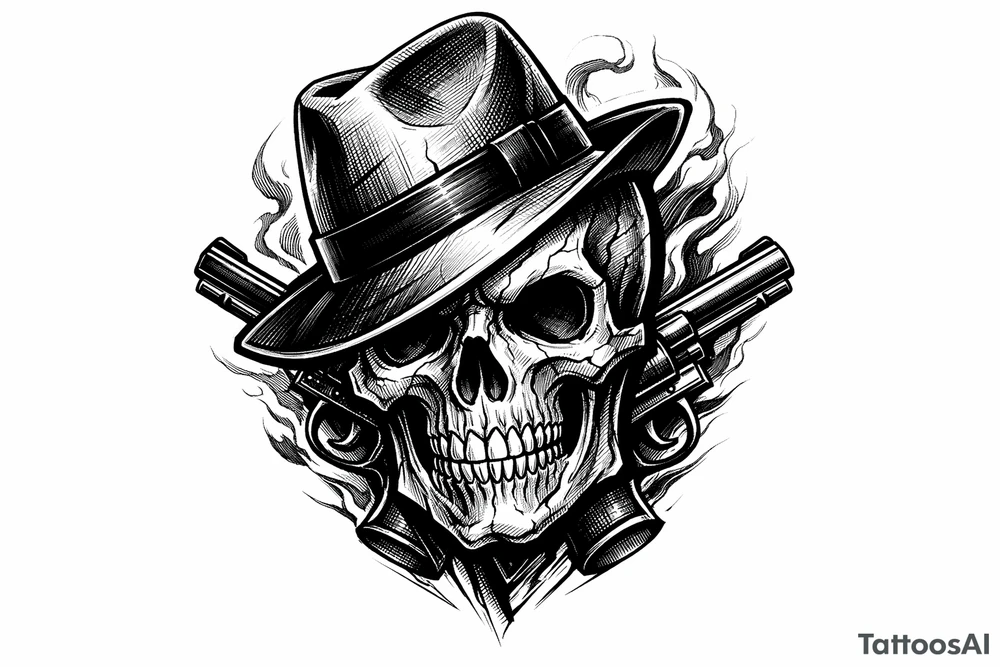 A stylized skull with a tilted gangster hat, bold lines, vibrant colors. tattoo idea