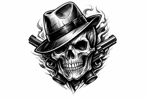 A stylized skull with a tilted gangster hat, bold lines, vibrant colors. tattoo idea