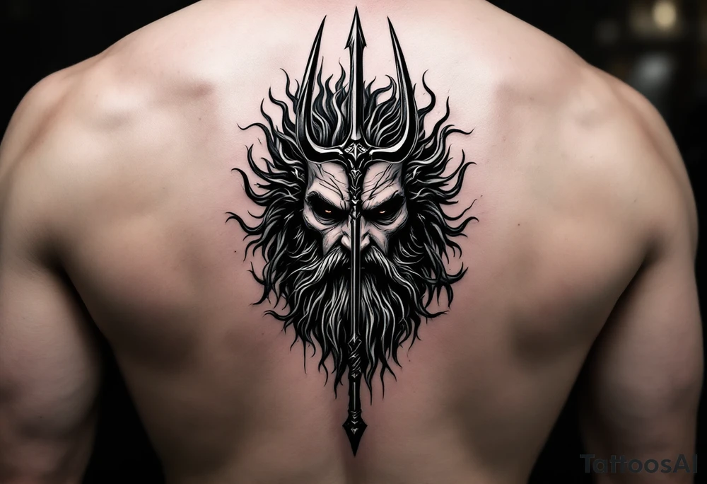 poseidon face behind trident tattoo idea