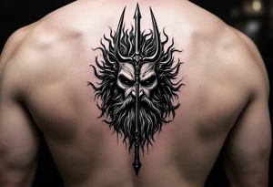 poseidon face behind trident tattoo idea