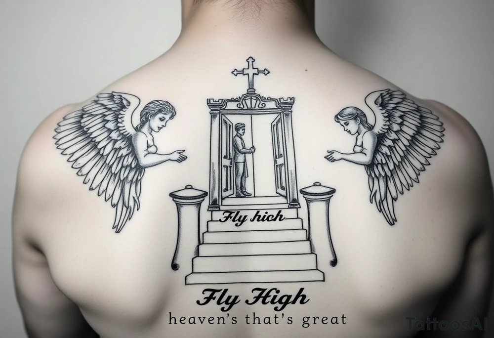 Chess tattoo and black & white realistic.
 2 angels, one on each side of heaven'sthat's great with the male big ear walking up the steps and a woman Andrew over the top.  Of the gates have body on my neck in the middmetal with text saying fly high baby boy tattoo idea