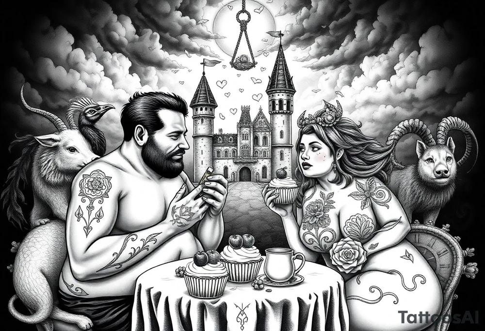 Naked Man and fat woman having sex eating cupcakes and  fruit  having sexy naked fat lady having a tea party with tea pots  with medieval castle  
with mystical  aries a pigs, peacock,  lion, goat, noose and smoking cigerettes looking in the mirror thru storm clouds and broken hearts and darkness and wrath, envy , gluttony, greed, sloth, pride . Gothic tattoo idea
