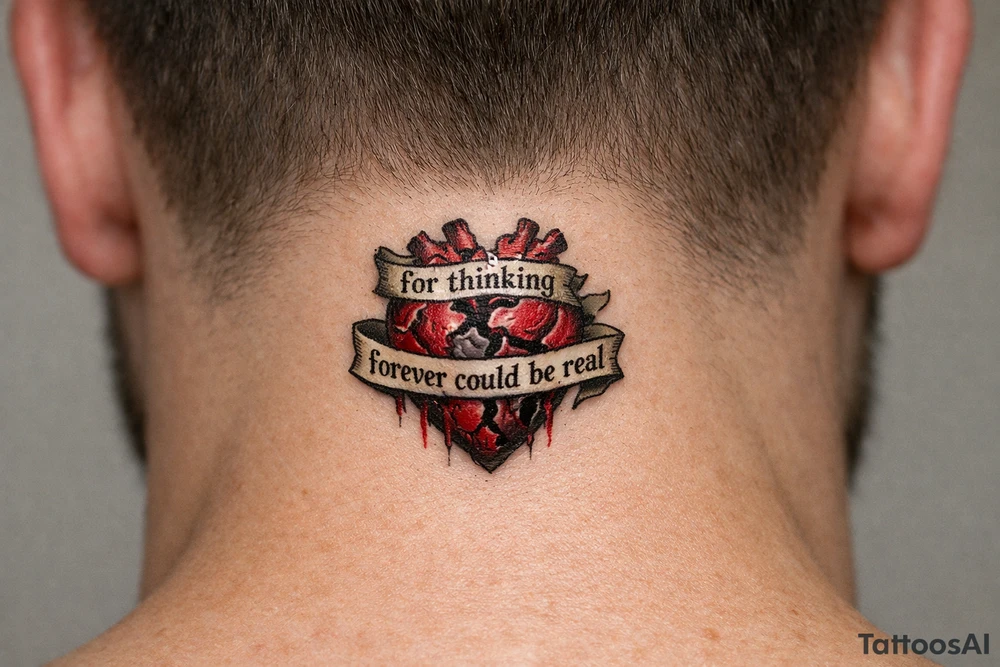 A realistic heart damaged beyond repair with the words wrapped around it “for thinking forever could be real” tattoo idea