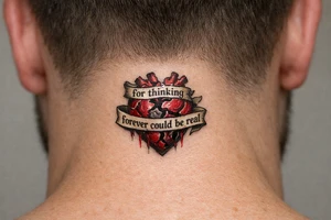 A realistic heart damaged beyond repair with the words wrapped around it “for thinking forever could be real” tattoo idea