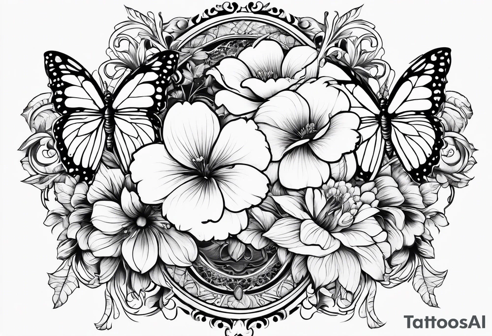floral design with butterflies & filigree tattoo idea