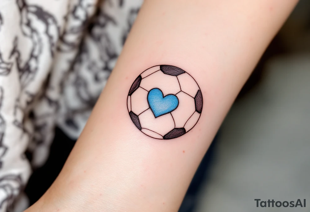 A minimalist black outline of a soccer ball with a single blue heart at its center. tattoo idea