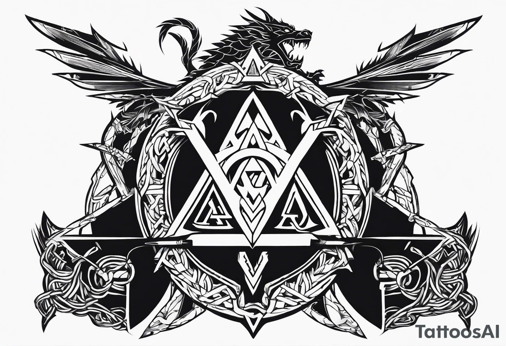 Valhalla sword shield dragon axe Valknut barbed wire chains fire tattoo idea