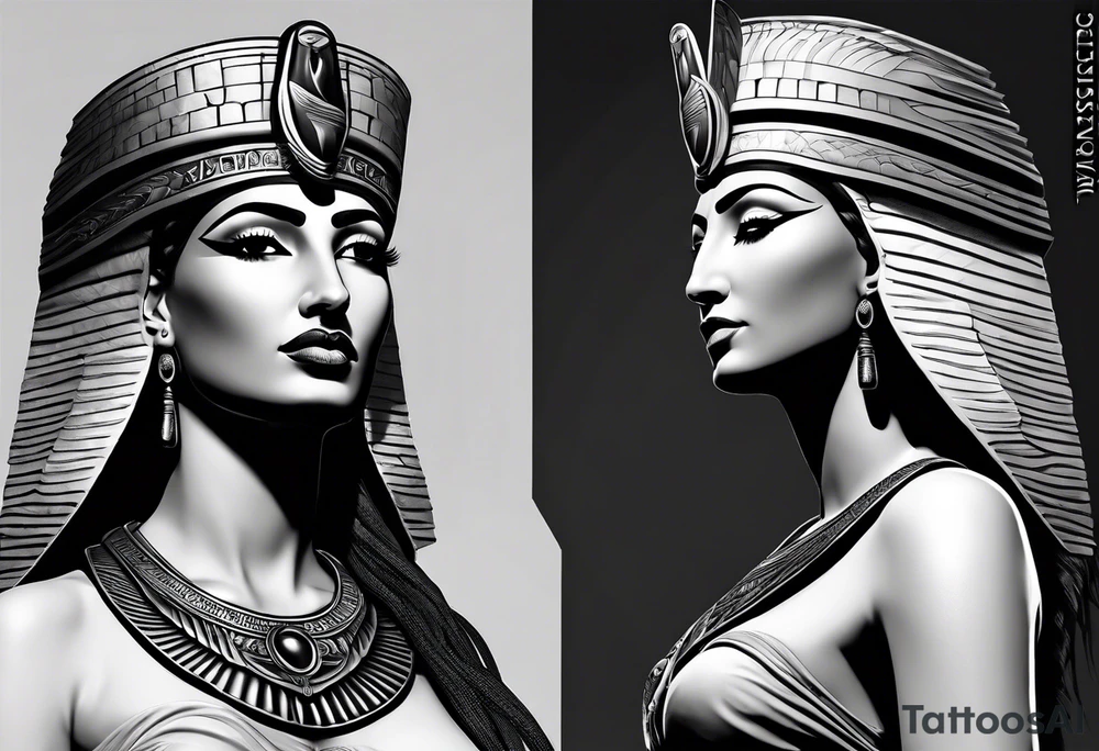 black and gray photo realistic goddess isis with minimal detail tattoo idea
