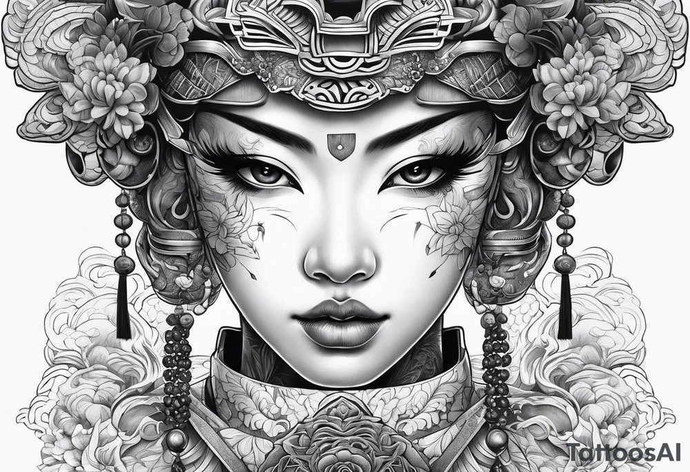 Japenese henya mask split with girl face tattoo idea