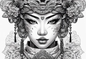 Japenese henya mask split with girl face tattoo idea