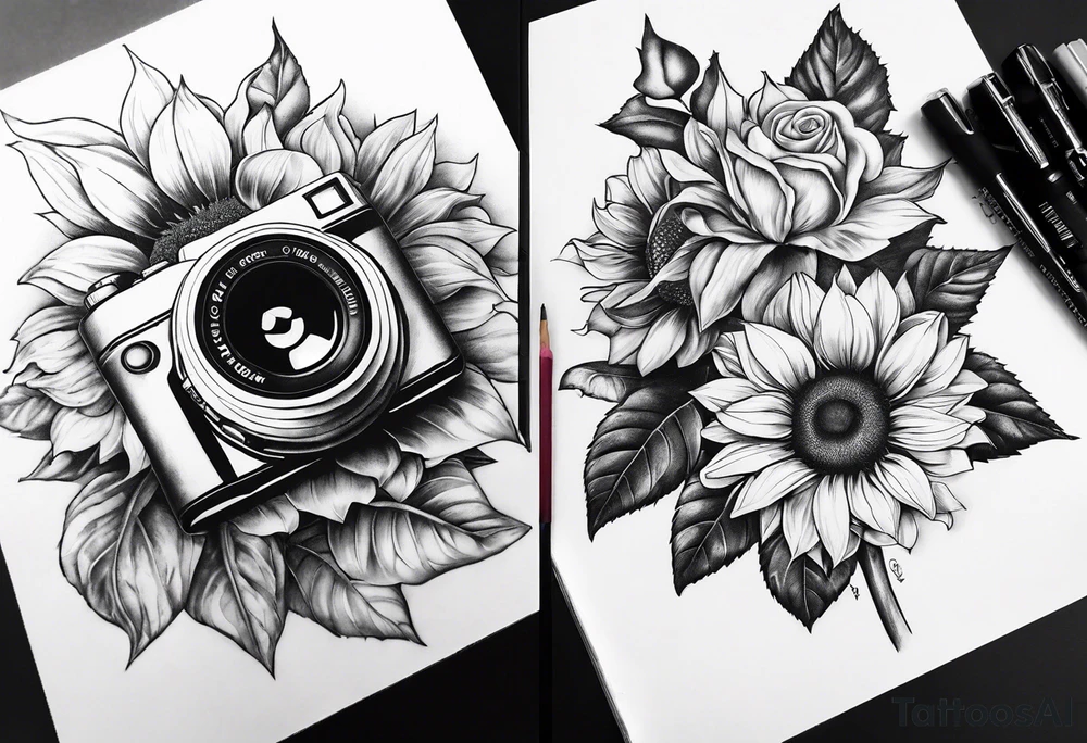 sunflower, camera, flower rose , book tattoo idea