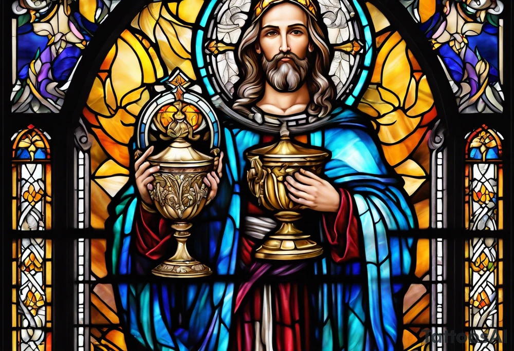holy saint stained glass holding a chalice tattoo idea