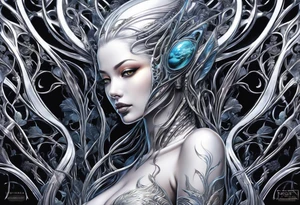 Hajime Sorayama type blended with HR Giger alien woman with vines tattoo idea