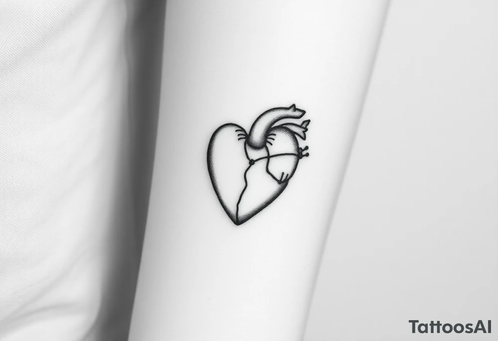 Black and gray fine line tattoo design of a small anatomical heart delicately stitched together with thin, graceful thread lines. The stitches should look gentle and intentional, symbolizing emotional healing, self-acceptance, and love for oneself. Add subtle texture and soft shading to give a poetic, tender feeling — the heart should feel warm, not broken. The style is elegant, feminine, and symbolic, around 7–8 cm, ideal for an arm placement. Avoid cartoonish elements, blood, sadness, or anatomical realism — focus on beauty, resilience, and rebirth through self-love. tattoo idea