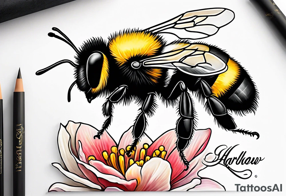 Harlow written in cursive with a bumblebee flying off the end of the w tattoo idea