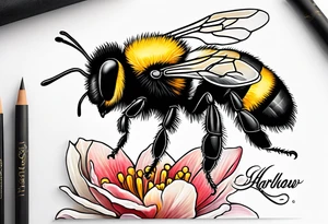 Harlow written in cursive with a bumblebee flying off the end of the w tattoo idea
