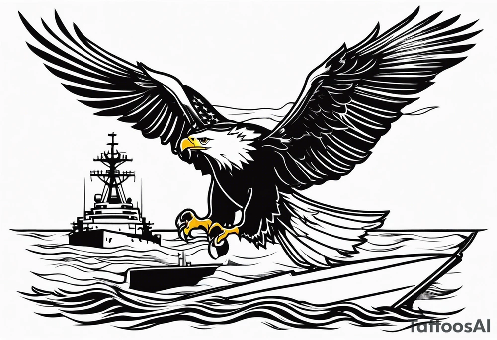 eagle flying in front of USS Nimitz holding American flag in beak tattoo idea