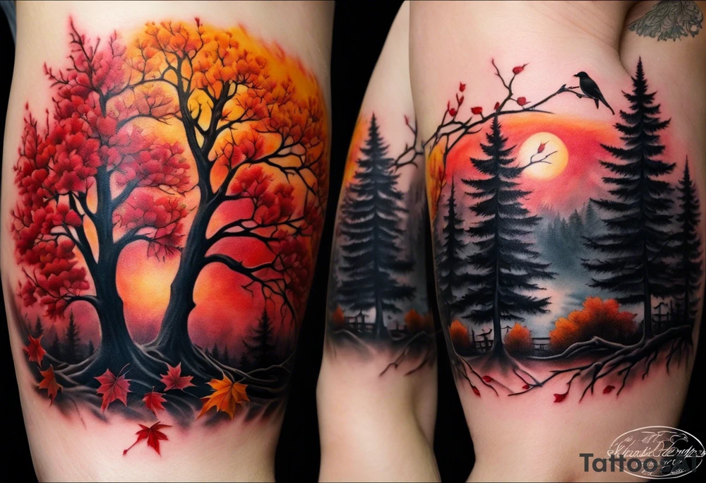 Arm tattoo. Long tattoo. Full sleeve. Shoulder. A single large maple tree with red autumn leaves that branches upwards from wrist to shoulder. White-throated dipper bird on the trees branches. Calluna flowers at the base of the trees stem. Tree stem has dark colors. Red/yellow sunset behind the trees stem. Leaves falling. tattoo idea